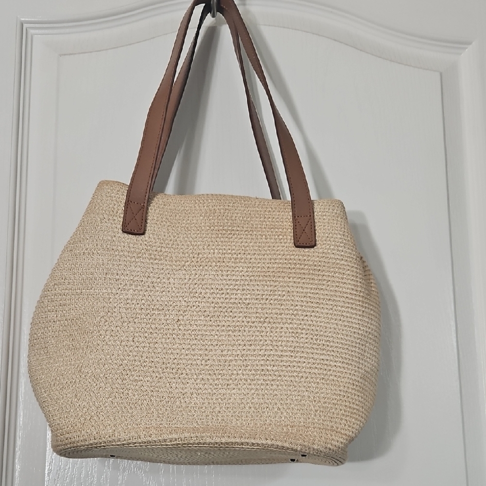 Talbots Chic Beige Tote with Brown Handles